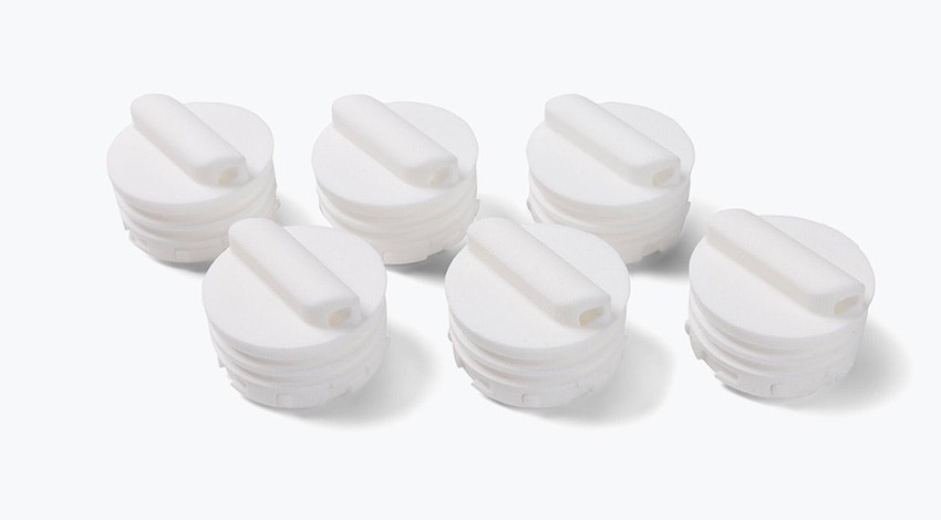 Six round 3D-printed parts for Sartorius' spectroport, made in PA 12 using SLS.