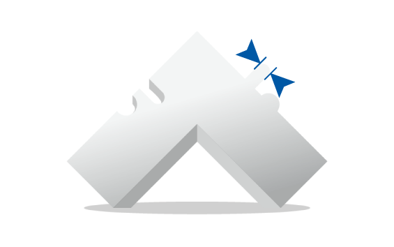 A geometric design of interlocking gray shapes forming an angular peak, with two small blue opposing triangles positioned near the top right.