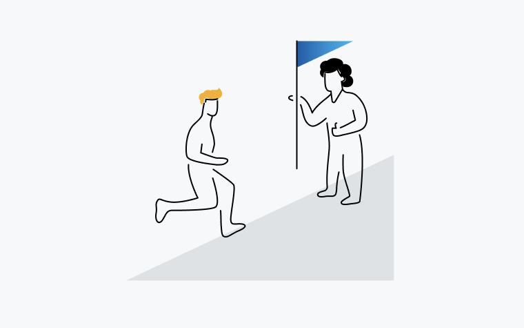 Icon of a woman holding a flag while a man runs towards her