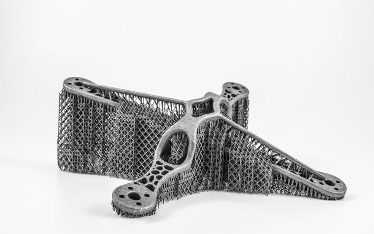 Metal 3D-printed drone part with thin support structures