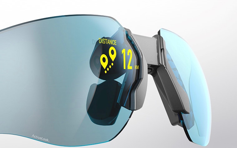 Smart eyewear showing the distance of 12 km on the lens