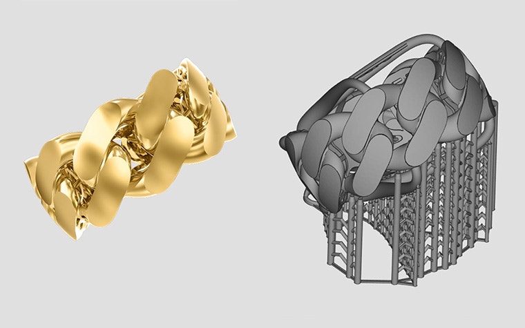 右はダブルクリック・ロック・システムのゴールド・チェーン。左は、サポート構造を備えたチェーンの3Dデザイン。