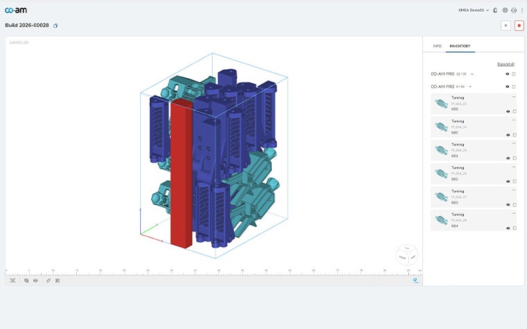 A build showing multiple colored parts nested together in the CO-AM software platform.