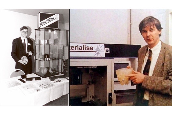 Two older images of Materialise CEO Fried Vancraen posing with 3D printers and 3D-printed anatomical models