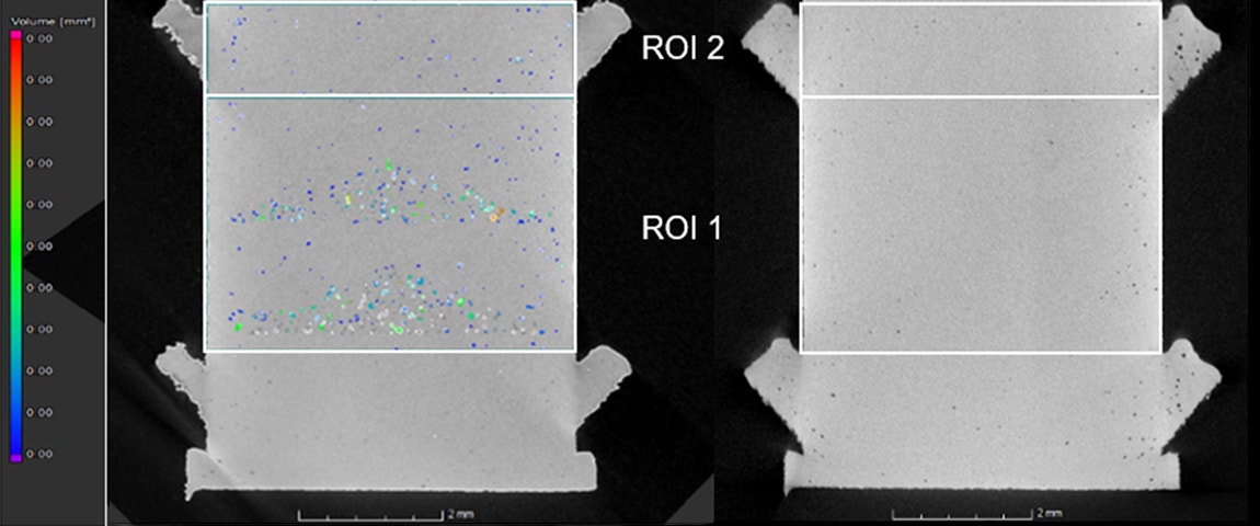 Vertical cut of the CT scan of the reference object, showing the conical areas with increased porosity, including two zones of interest for porosity calculation next to a CT scan of the object produced with closed loop control.