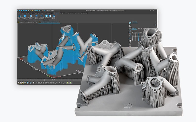 Screen showing parts and support in e-Stage for Metal+ with the metal 3D-printed build in front