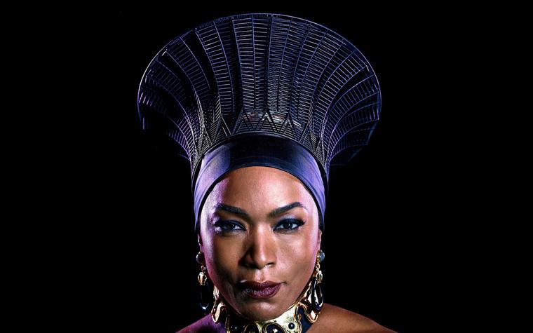 Close-up portrait of Angela Bassett wearing a 3D-printed headpiece