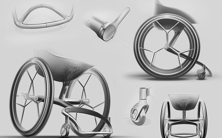 Sketches of the GO wheelchair, a customized, futuristic-looking wheelchair, designed by Benjamin Hubert