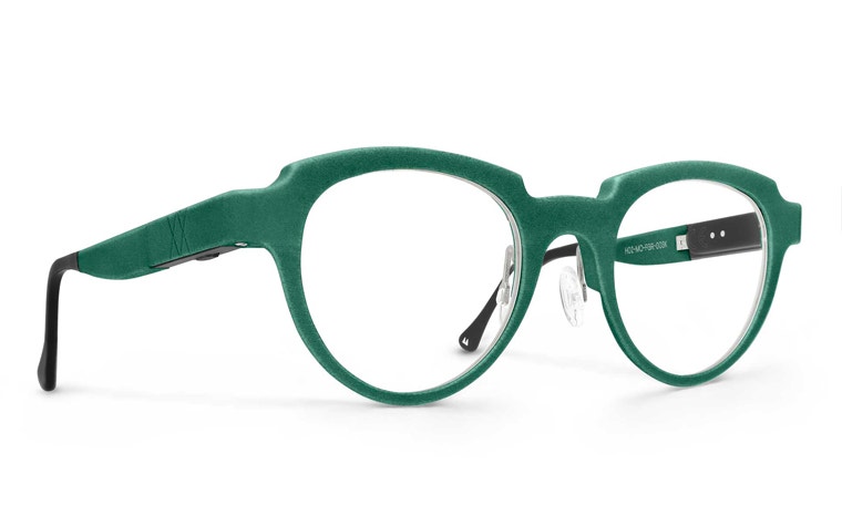 Side view of a pair of green Morrow H02 eyeglasses