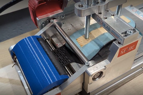A machine at Thomas More University in Belgium performing mechanical testing on a 3D-printed phits orthotic.