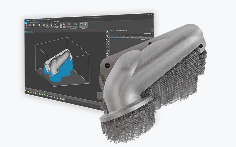 3D- gedrucktes Metallteil mit e-Stage for metal+ generierten Supports. Im Hintergrund die neue Bildschirmanzeige im Dunkelmodus