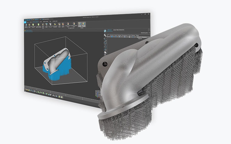 A metal 3D-printed part with e-Stage for Metal+ support in front of a screen showing the part in e-Stage using the dark mode
