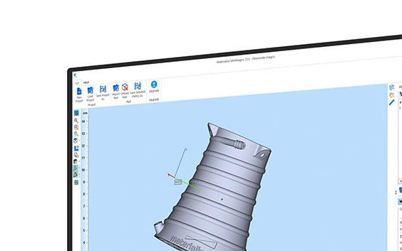 Obere linke Ecke eines Computerbildschirms, der das 3D-Design eines Teils in MiniMagics zeigt