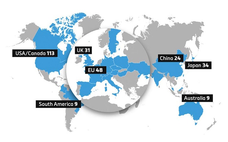 World map showing the numbers of hospitals using Materialias 3D printing facilities: USA/Canada 113, South America 9, UK 31, EU 48, China 24, Japan 34, Australia 9 