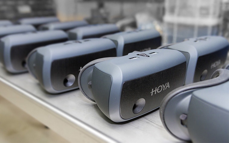 A collection of 3D-printed housings for HOYA's vision simulator headset.