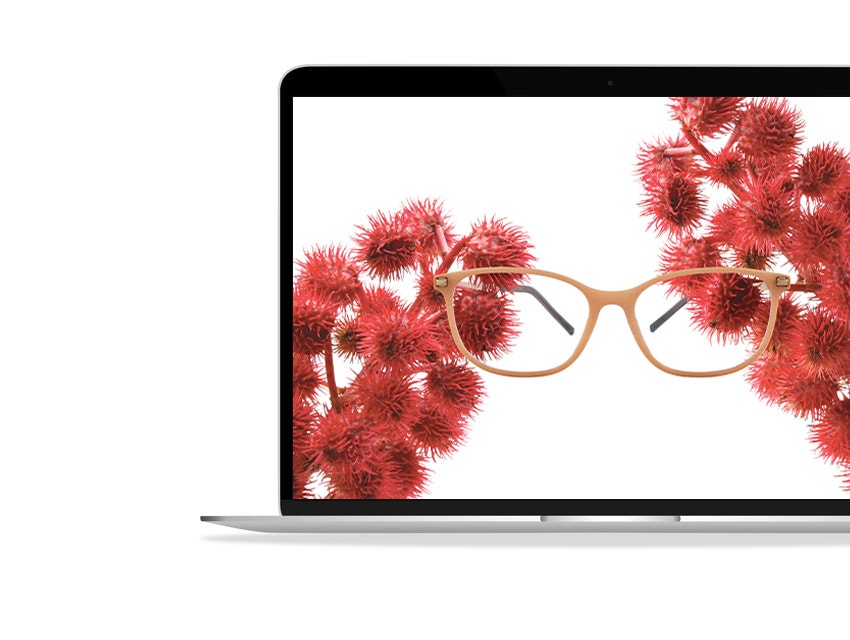A laptop showing a pair of beige 3D-printed glasses surrounded by spiky red flowers of the castor bean plant on a white background.