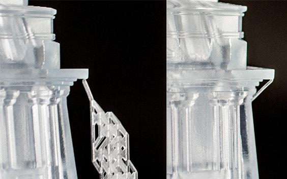 Two images showing a model with and without a support structure