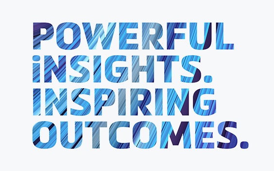 The text 'Powerful insights. Inspiring outcomes.' with blue lines through the letters.