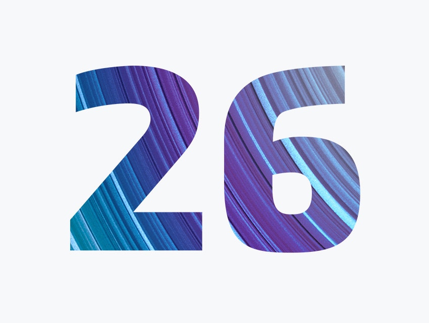 Die Zahl 26 mit durchgehend blauen und violetten Linien