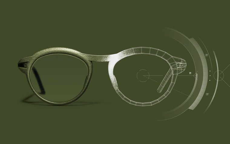 Une moitié d'une image des lunettes vertes Hoet x Yuniku et une autre moitié montrant la conception numérique.
