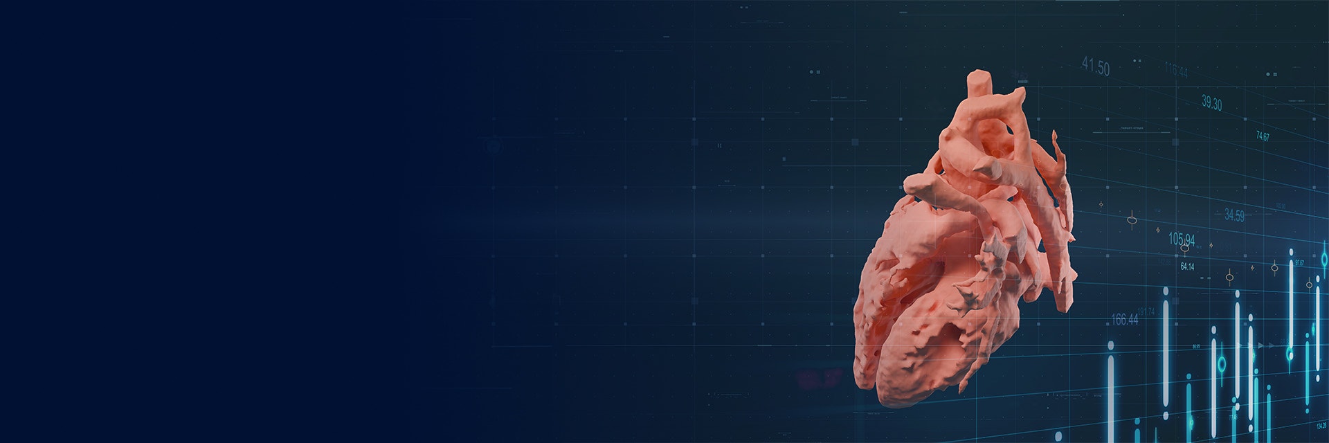 A 3D model of a heart on a blue background with various lines and numbers