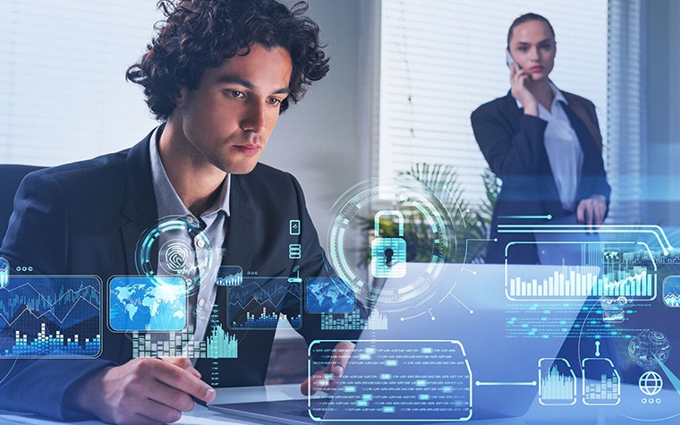 Two thoughtful business people with laptop and smartphone, digital interface of blue glowing information protection icons. Padlock and business data symbols. Concept of cyber security and data storage