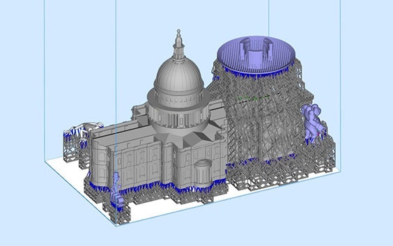 A 3D model of a building with support structures