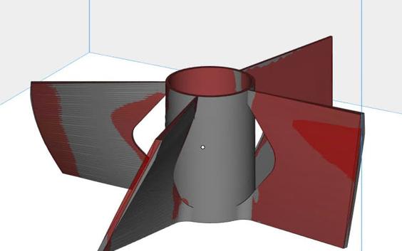 3D propeller design in software with possible points of distortion highlighted