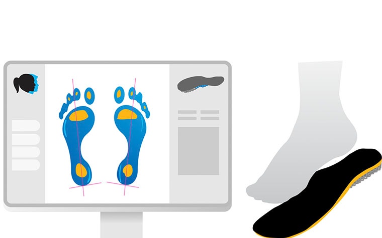 Icon of feet in software and a foot on top of an insole