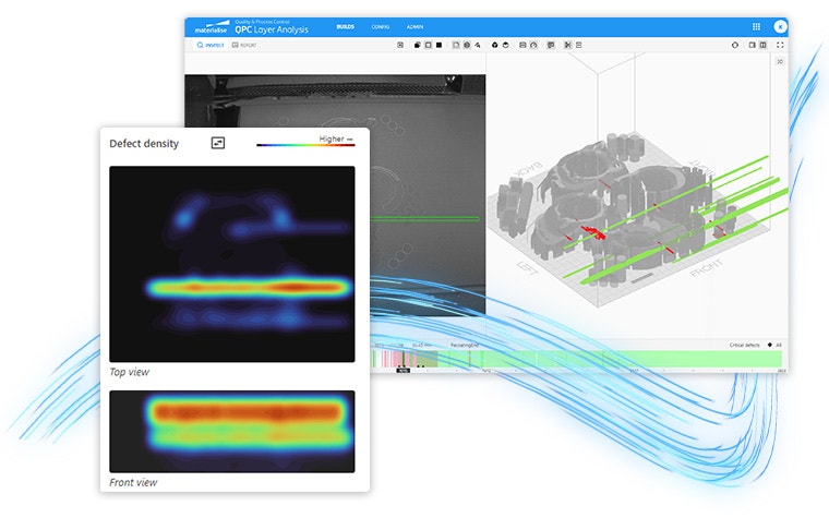 パーツの欠陥部分を示すヒートマップの画像と、AMパーツの3D設計の画像。