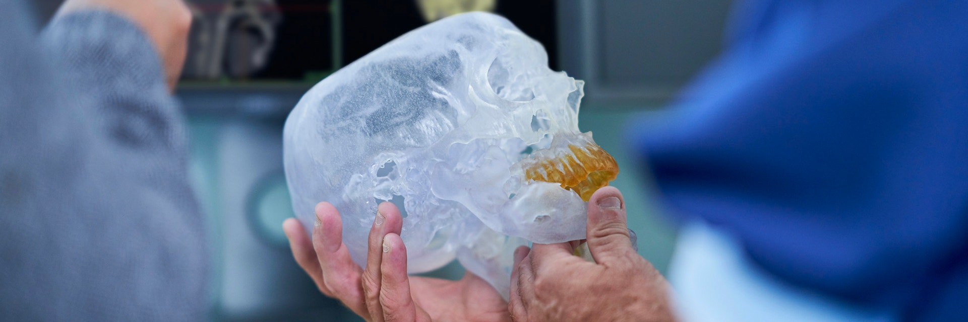 Surgeon holds 3D-printed skull while radiologist points to 3D models on a computer screen 