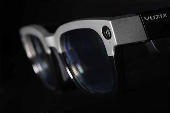 A close up shot of the right-hand lens in the Vuzix Shield smart glasses.