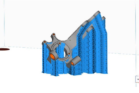 View of a part with optimized support structures in the Magics software