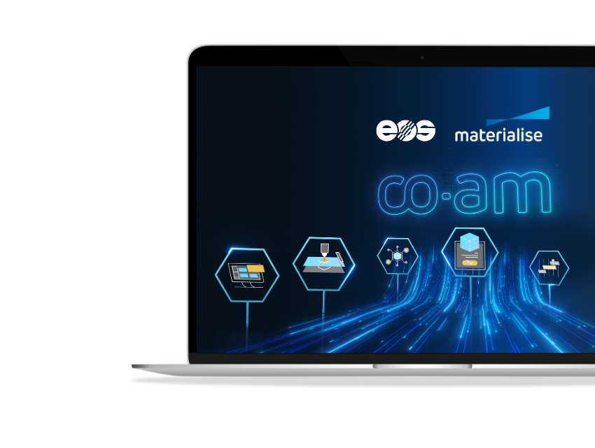 A laptop displaying the CO-AM, EOS, and Materialise logos. Below them are five hexagons representing the different CO-AM modules and how they relate to the digital manufacturing thread.
