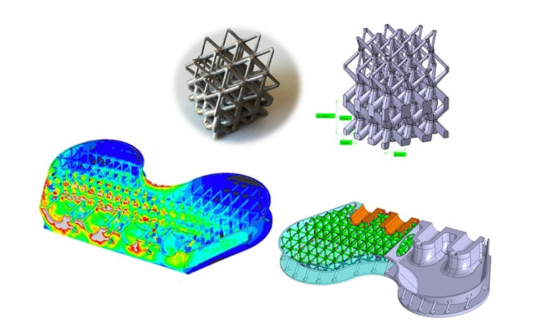 Computer-generated images of lattice design and a photo of 3D-printed lattice 