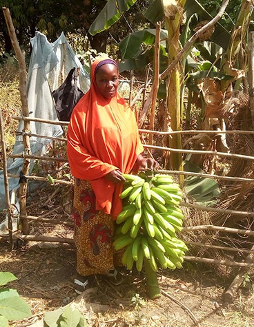 Beninese woman holding bananas in front of a fence