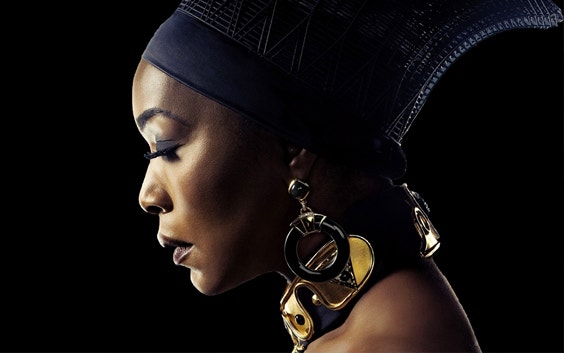 Profile view of Angela Bassett dressed in her Black Panther costume