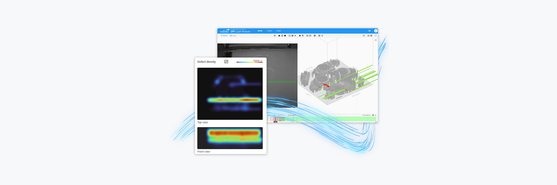 An image of a heat map showing the defective area on part, and another image of a 3D design for an AM part - a gust of wind flows throughout the two images