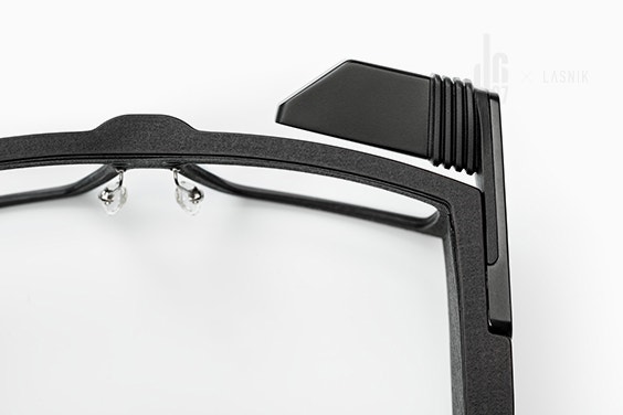 Overhead, close-up view of black smart safety glasses by Iristick