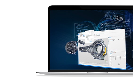 Digital image of a metal part popping out of a screen displaying Magics software