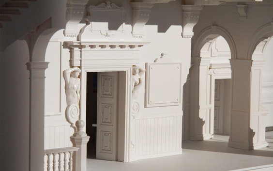 Close-up showing intricate detail of the inside of a model of Antwerp City Hall