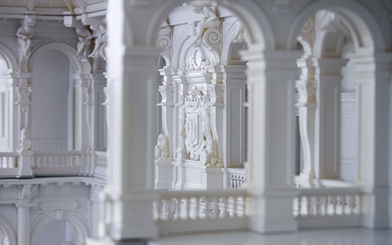 Close-up showing intricate detail of the inside of a model of Antwerp City Hall