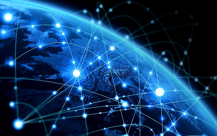 Earth planet with global routes and dots representing global digital supply chain, communication and connection 