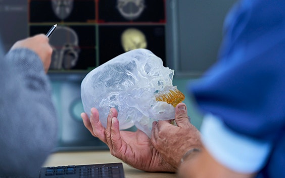 Surgeon holds 3D-printed skull while radiologist points to 3D models on a computer screen