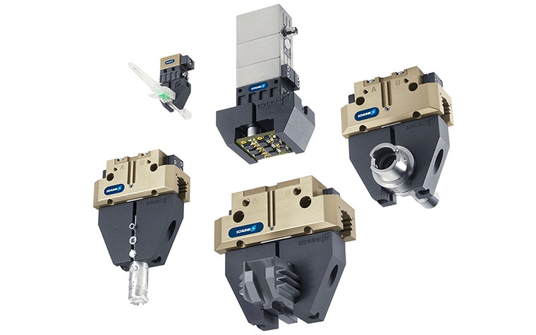 Various SCHUNK 3D-printed grippers lifting items 