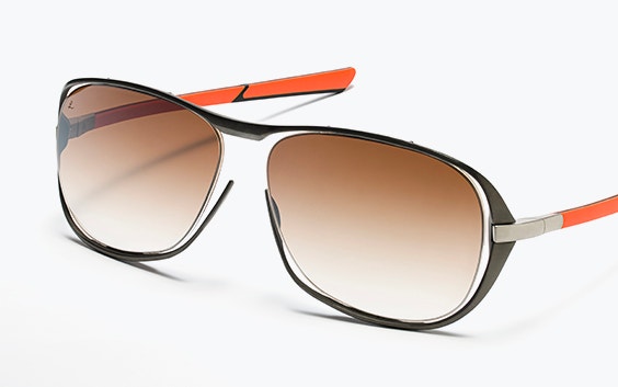 Close-up of red and black McLaren 3D-printed sunglasses from the McLaren Vision Collection