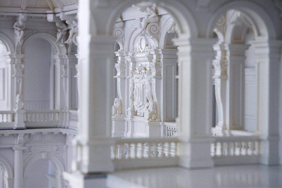 Close-up showing intricate detail of the inside of a model of Antwerp City Hall