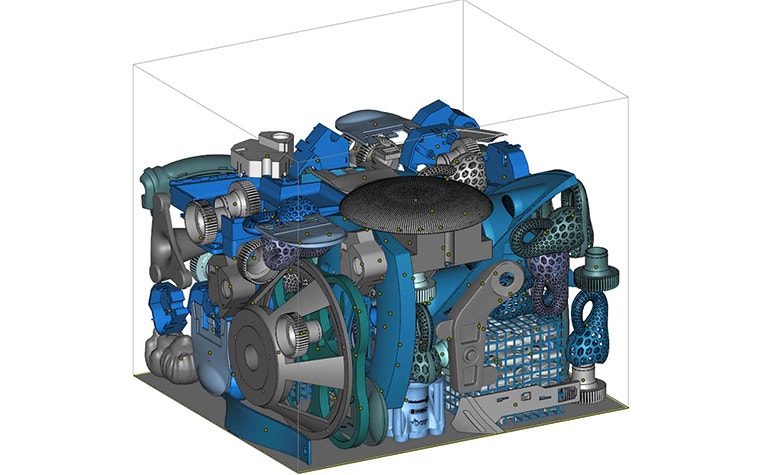 Many parts nested within a box, prepared for 3D printing