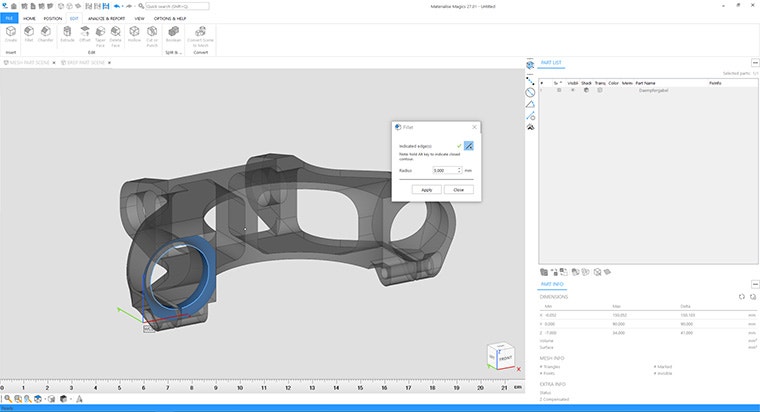 Screenshot of a part in Materialise Magics, showing the Fillet dialog box