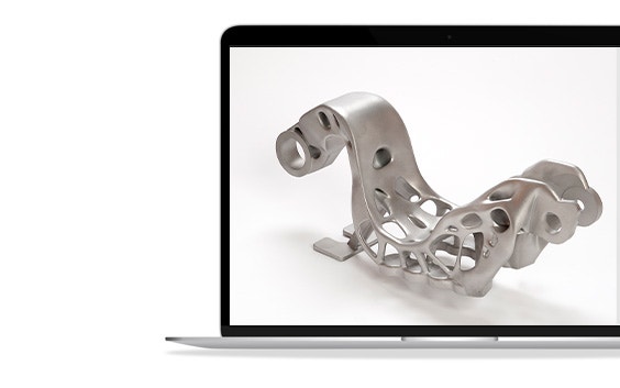 Metal 3D-printed gooseneck bracket on a white background on a laptop screen